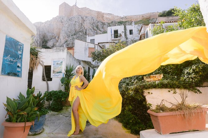 Athens Flying Dress Photo Shoot with a Professional Photographer - First steps at Crescendo Cafeacropili: meet, get fitted, set your route