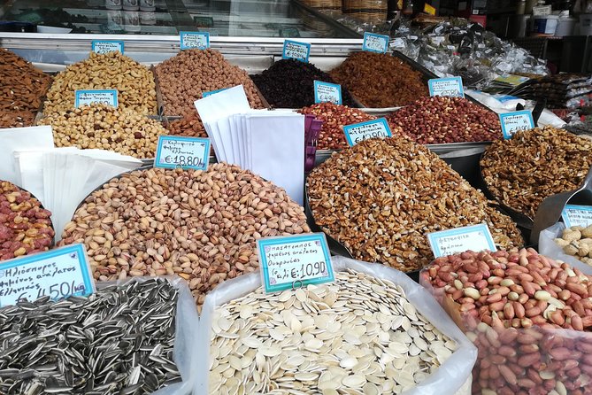 Christmas food and walking tour in Athens - Varvakios Central Municipal Market: olives, nuts, cheese, cold cuts